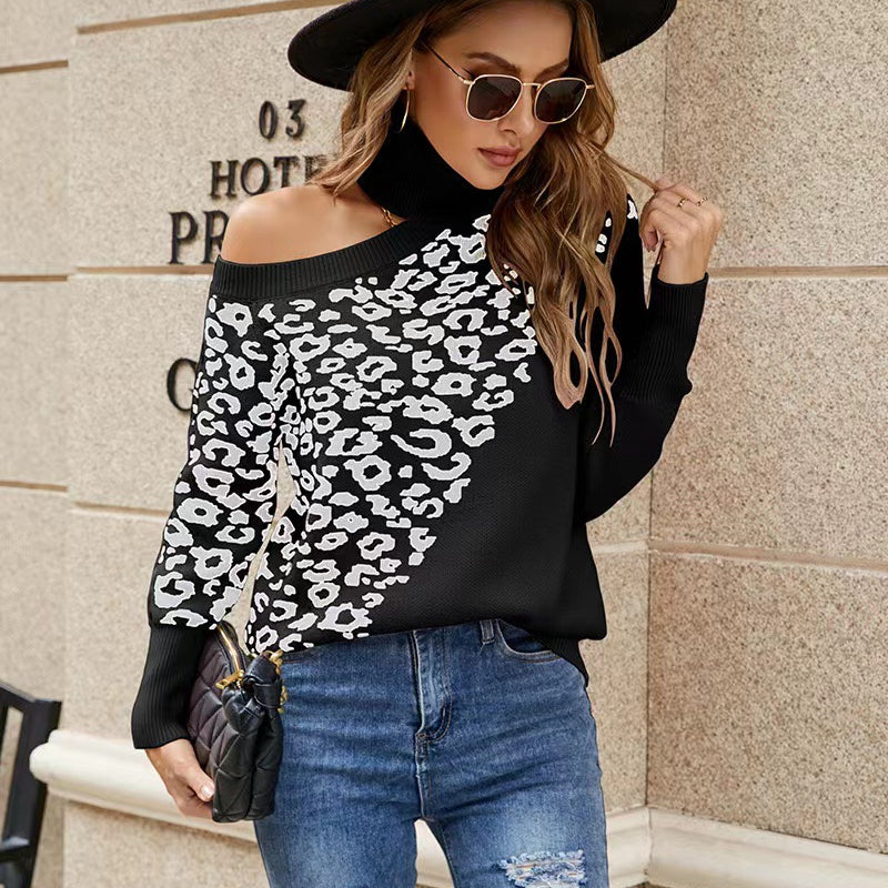 Leopard print off-the-shoulder langry fashion sweater with black sleeves