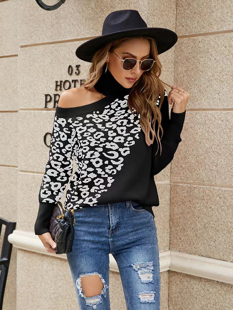 Leopard print off-the-shoulder langry fashion sweater with black sleeves