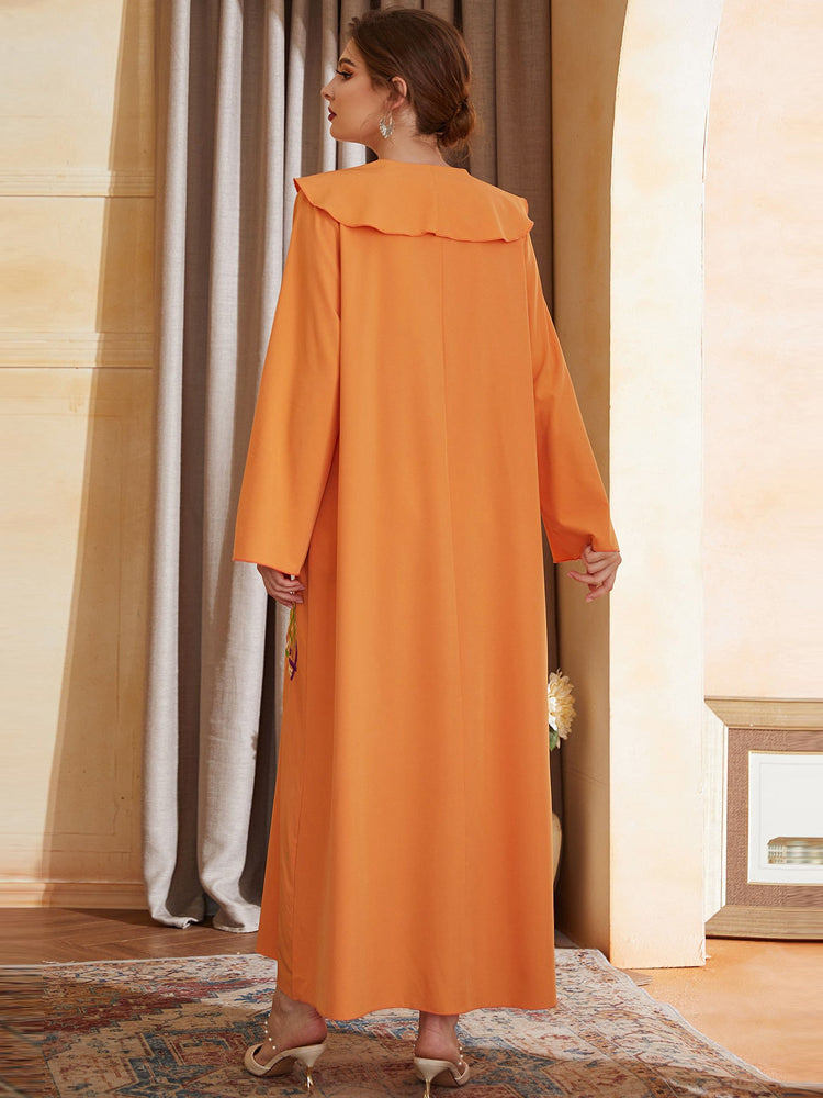 Langry fashion orange abaya with high collar, long sleeves, V-neck embroidery