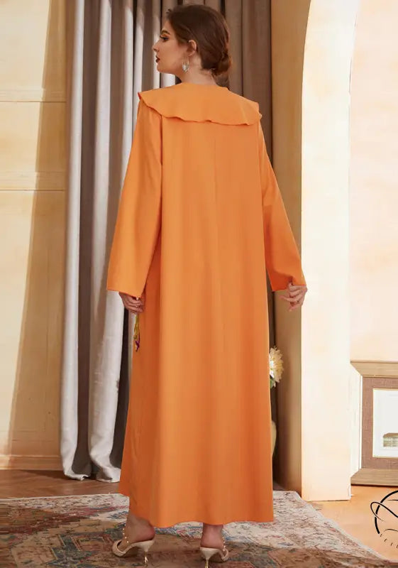 Beautiful langry fashion orange abaya with high collar, long sleeves, V-neck embroidery