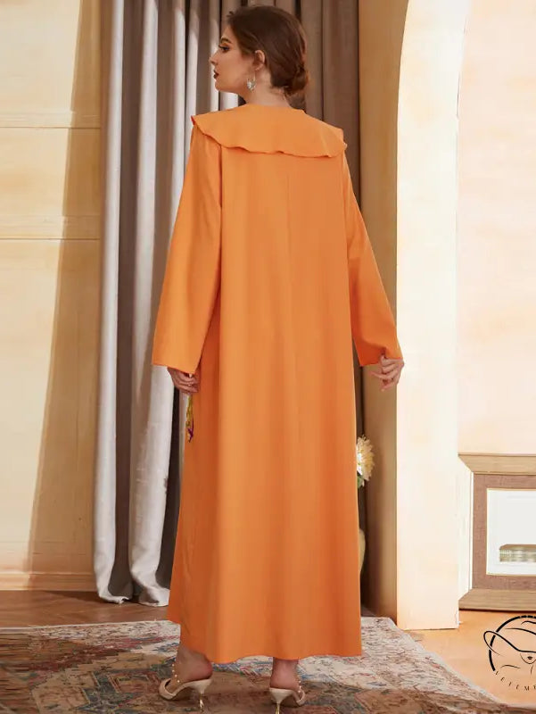 Beautiful langry fashion orange abaya with high collar, long sleeves, V-neck embroidery