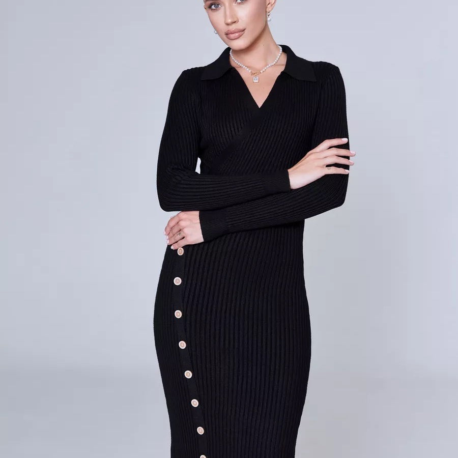 Black ribbed knit midi dress with elegant polo collar, ideal for autumn winter fashion
