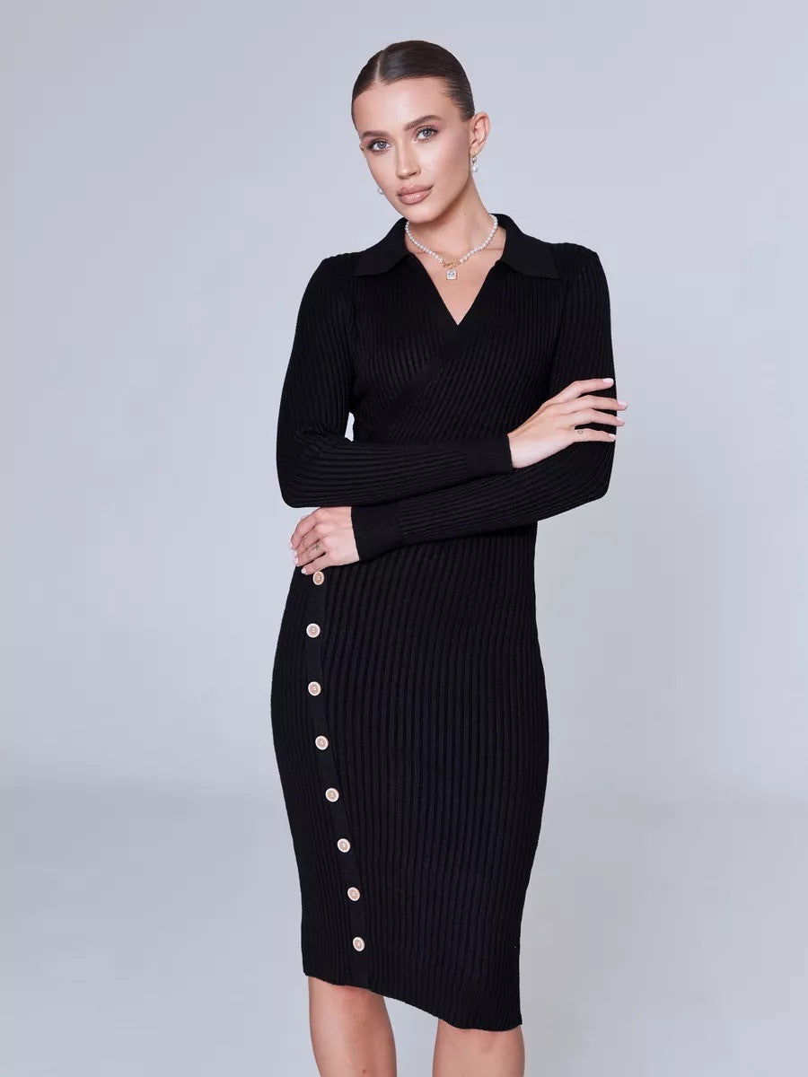 Black ribbed knit midi dress with elegant polo collar, ideal for autumn winter fashion