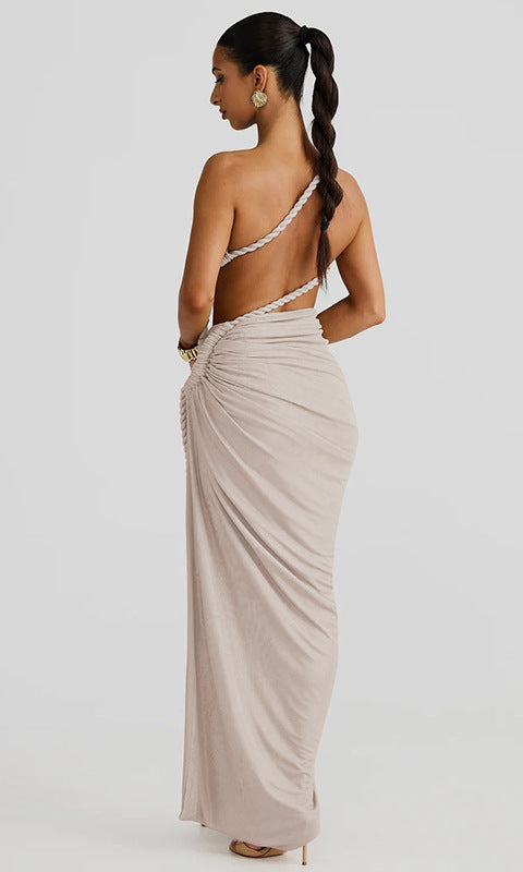 Beige one-shoulder draped gown from Stunning Cutout Lace Pleated Dress in fashion ملابس