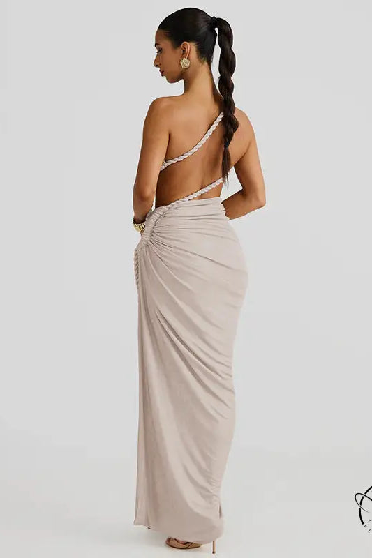 Stunning cutout lace pleated dress in beige one-shoulder draped gown