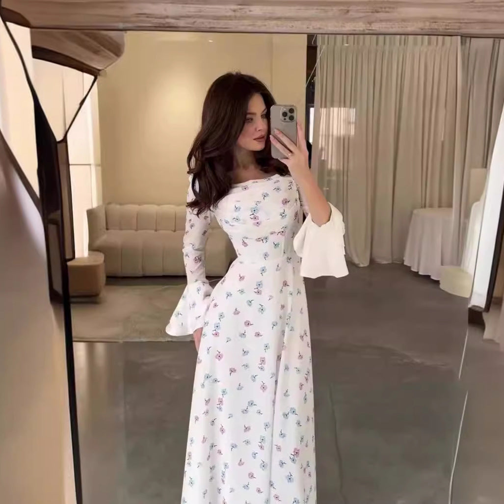 Floral white dress with flared sleeves from Summer U Neck Printed Slim Women Clothing Collection