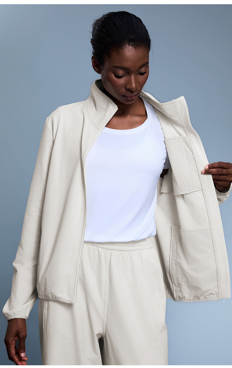 Langry cream-colored textured blazer with high collar, pockets, waterproof fashion coat