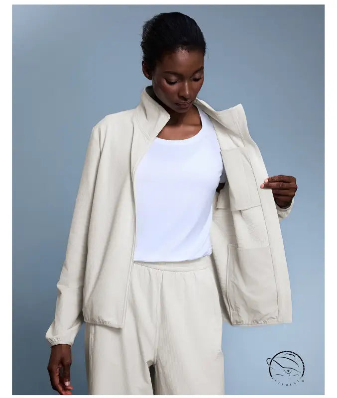 Cream-colored textured blazer with high collar, langry fashion outdoor coat