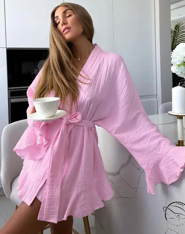 Pink loose shorts ruffled pajamas with short cotton robe and ruffled hem
