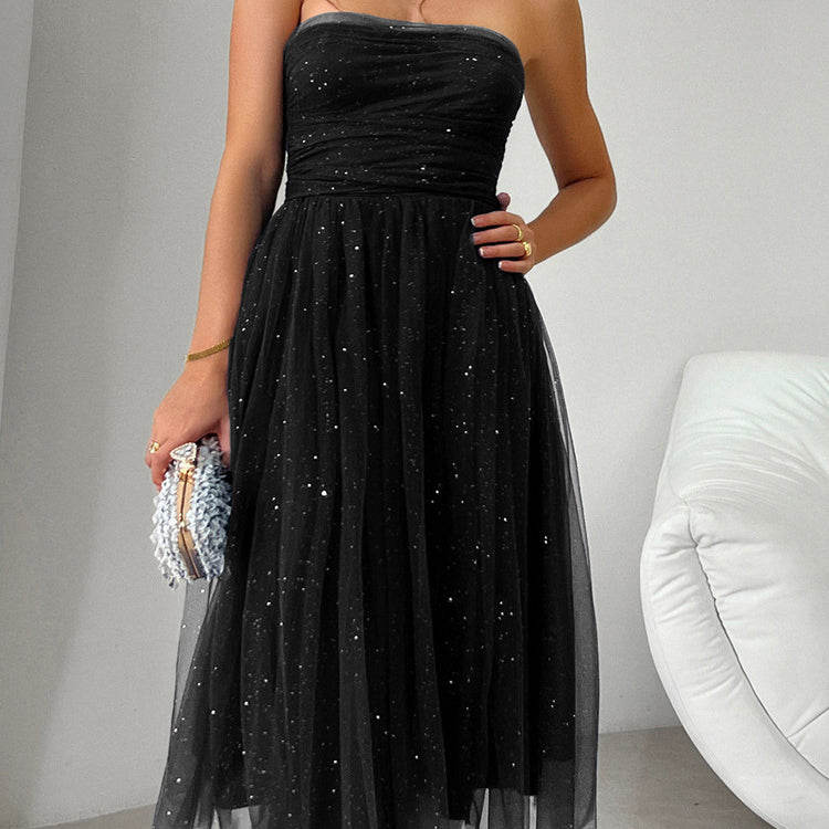 Strapless black tulle midi dress with sequins, ideal for elegant fashion ملابس