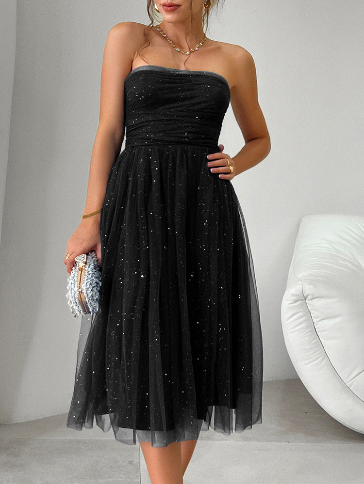 Strapless black tulle midi dress with sequins, ideal for elegant fashion ملابس