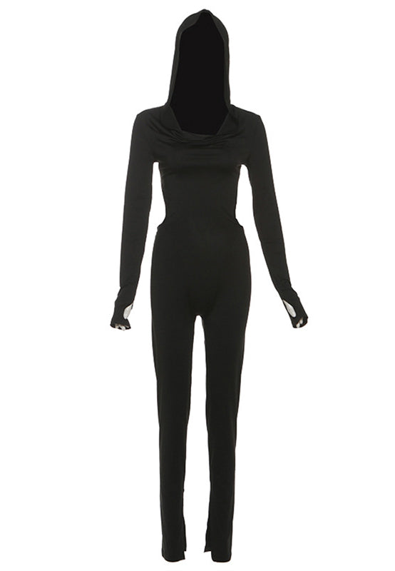 Elegant backless hooded hip raise skinny jumpsuit in black langry fashion