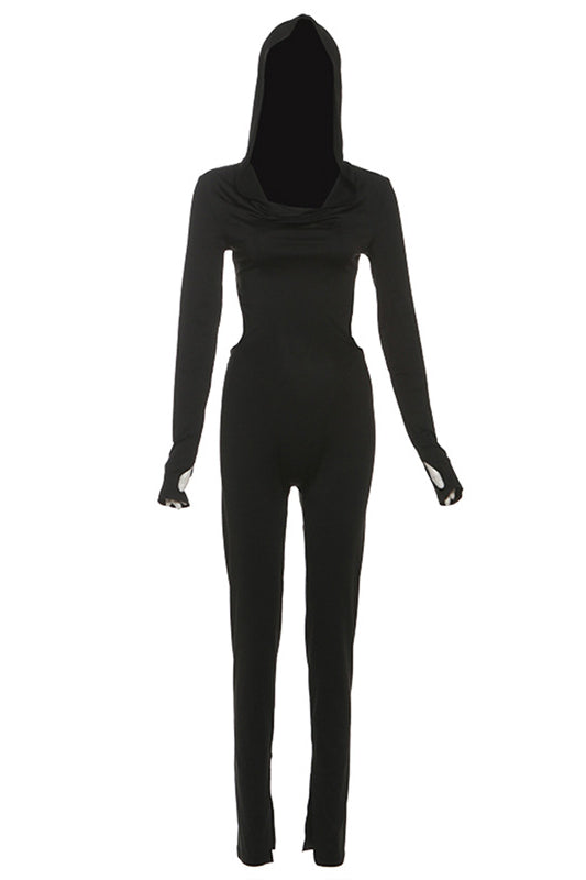 Elegant backless hooded hip raise skinny jumpsuit in black langry fashion