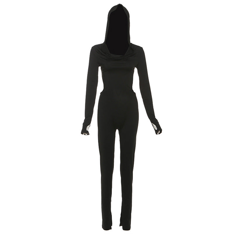 Elegant backless hooded hip raise skinny jumpsuit in black langry fashion