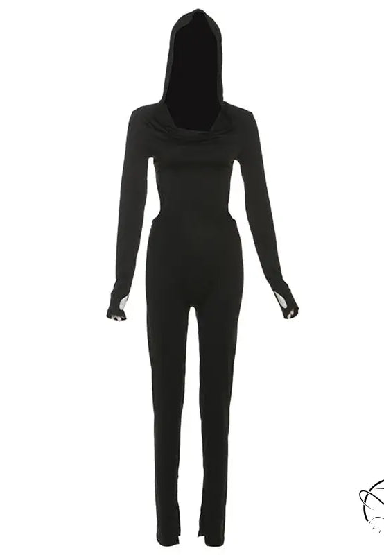 Elegant black hooded jumpsuit in langry fashion, backless skinny design