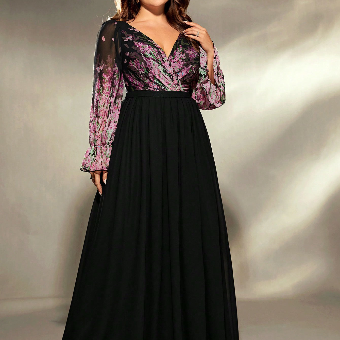 Plus size black chiffon long sleeve ball gown evening dress with floral lace bodice