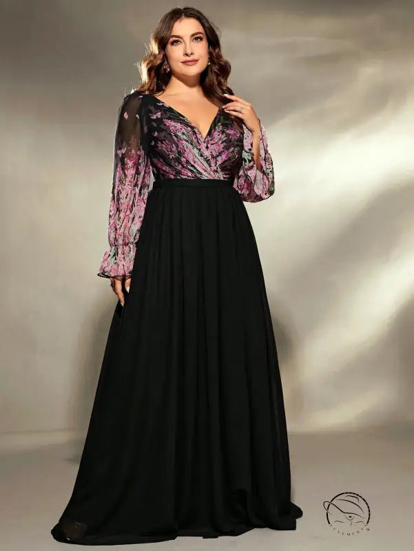 Plus size black chiffon long sleeve evening dress with floral lace bodice