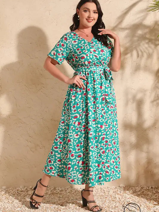 Colorful rose holiday V-neck chiffon midi dress with green floral print