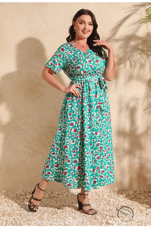Colorful rose holiday V-neck chiffon midi dress with green floral print