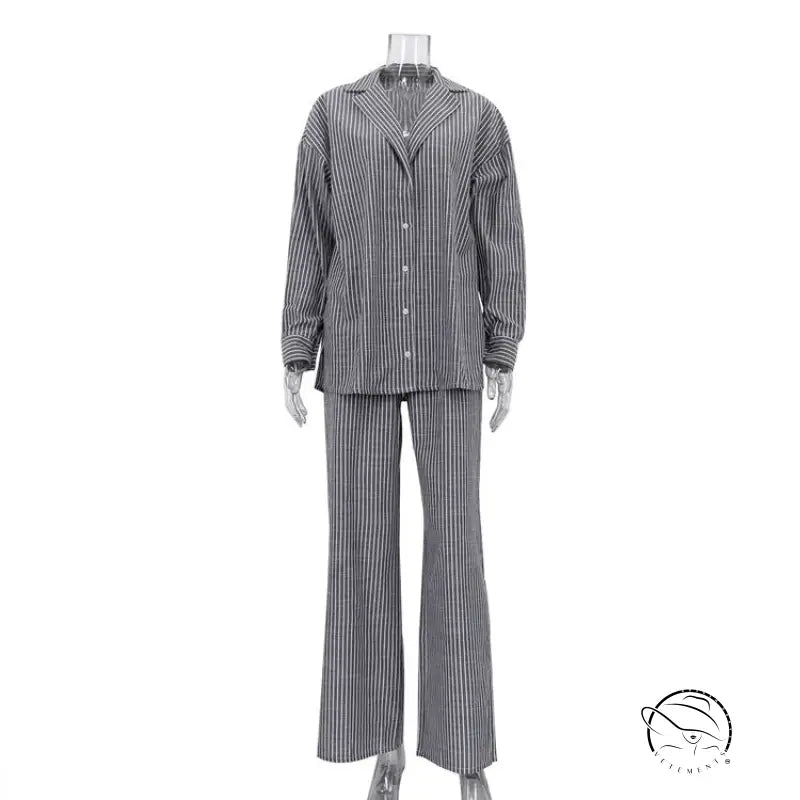 Classic black and white striped langry fashion pajama set with button-up shirt and flared pants