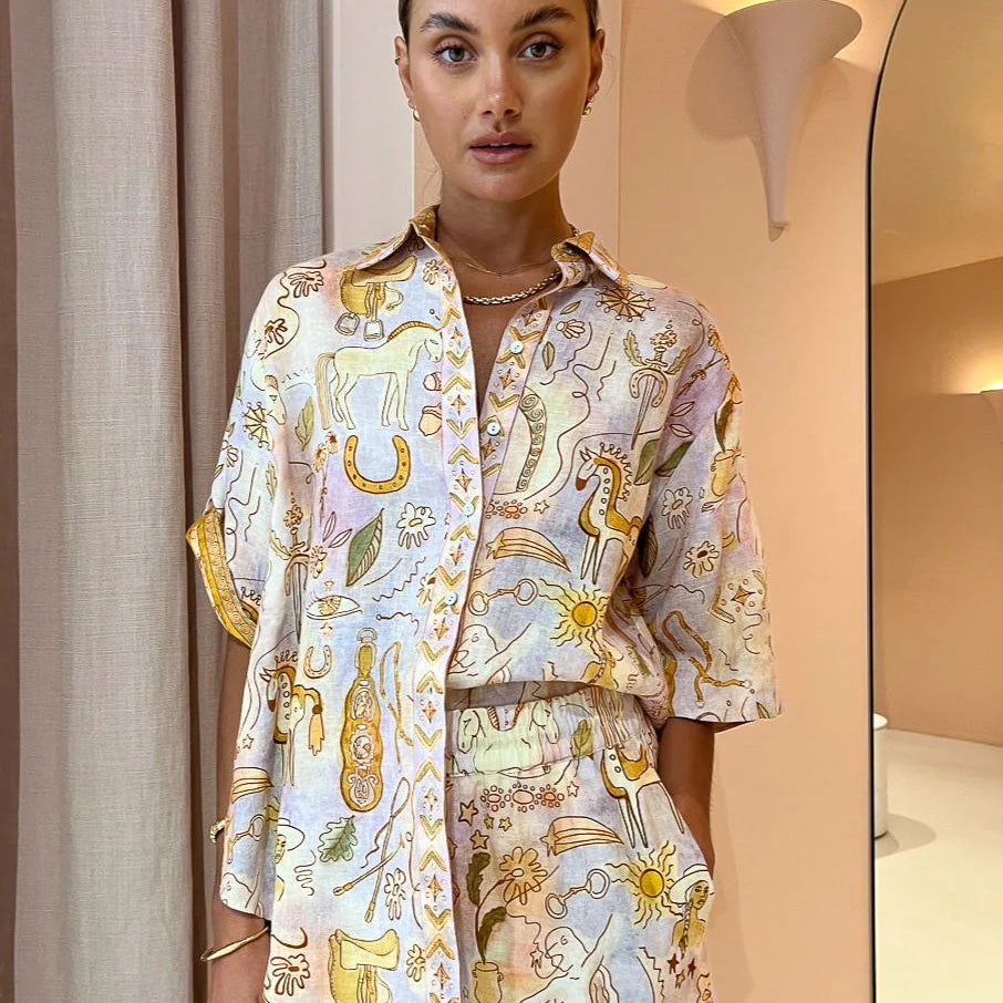 Stylish woman’s patterned shirt and shorts set from Summer Casual Pocket Two Piece Set