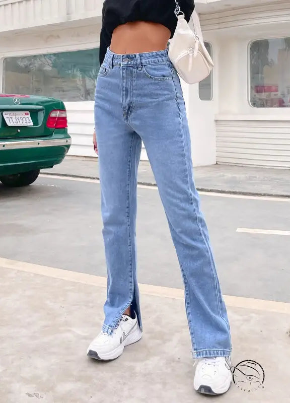 Light blue high-waisted Langry denim pants with split flared hems