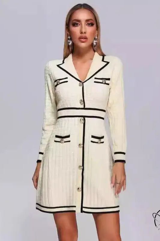 Cream-colored tweed knitted classic dress with black trim