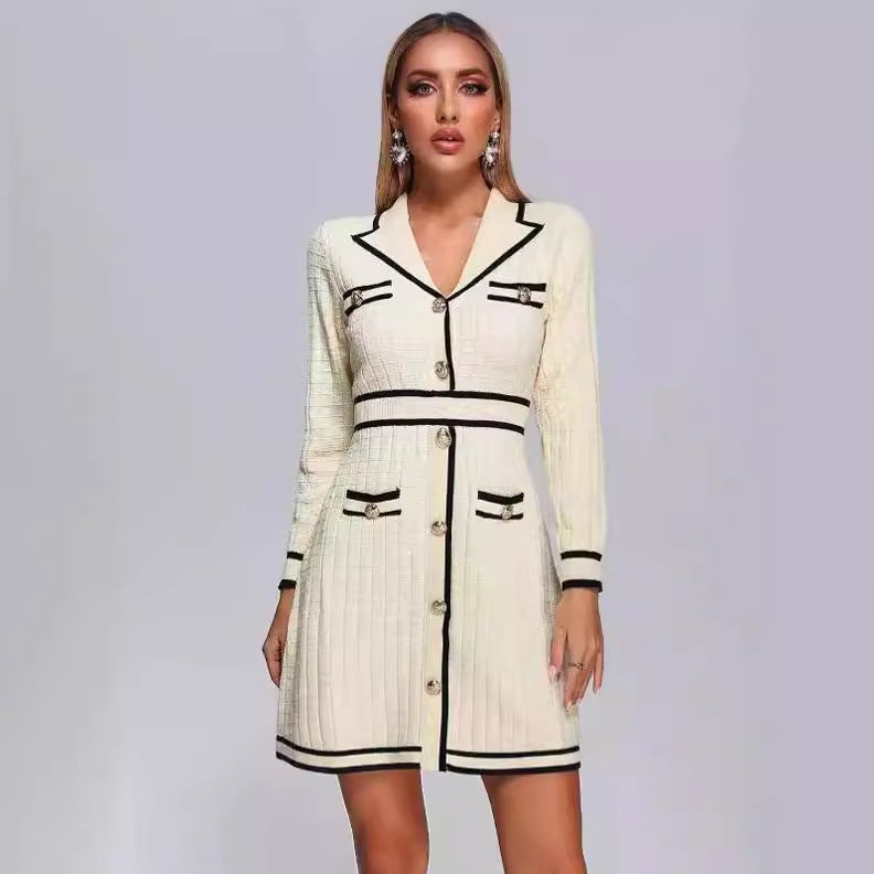 Cream-colored tweed knitted classic dress with black trim for elegant style