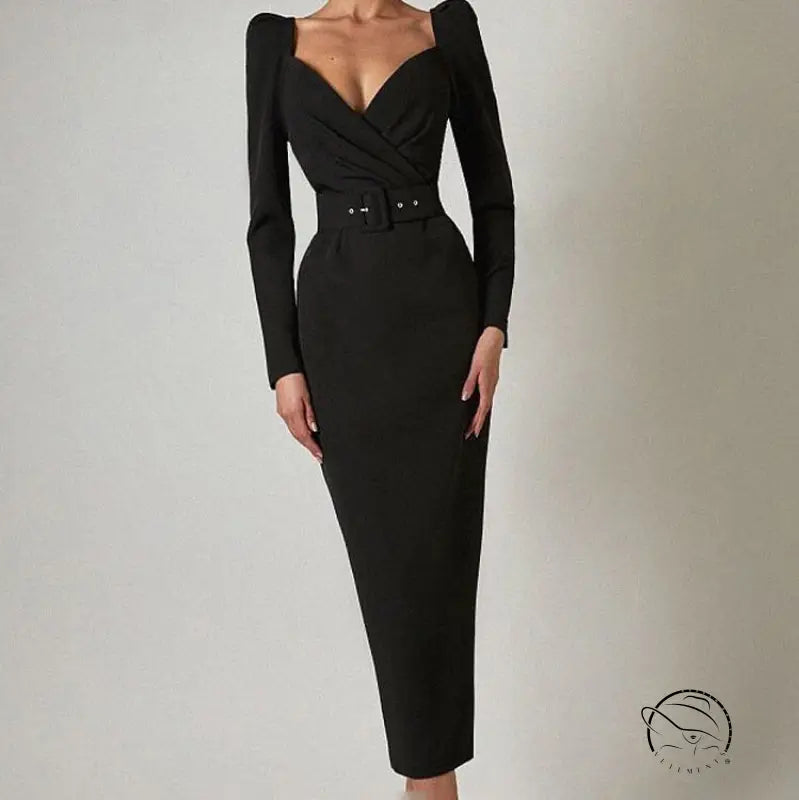 Elegant black langry fashion midi dress with belt and sweetheart neckline