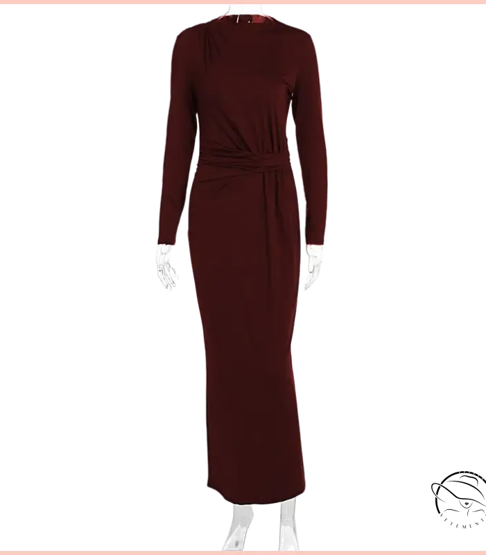 Sleek burgundy maxi dress with fitted silhouette and self-tie waistband