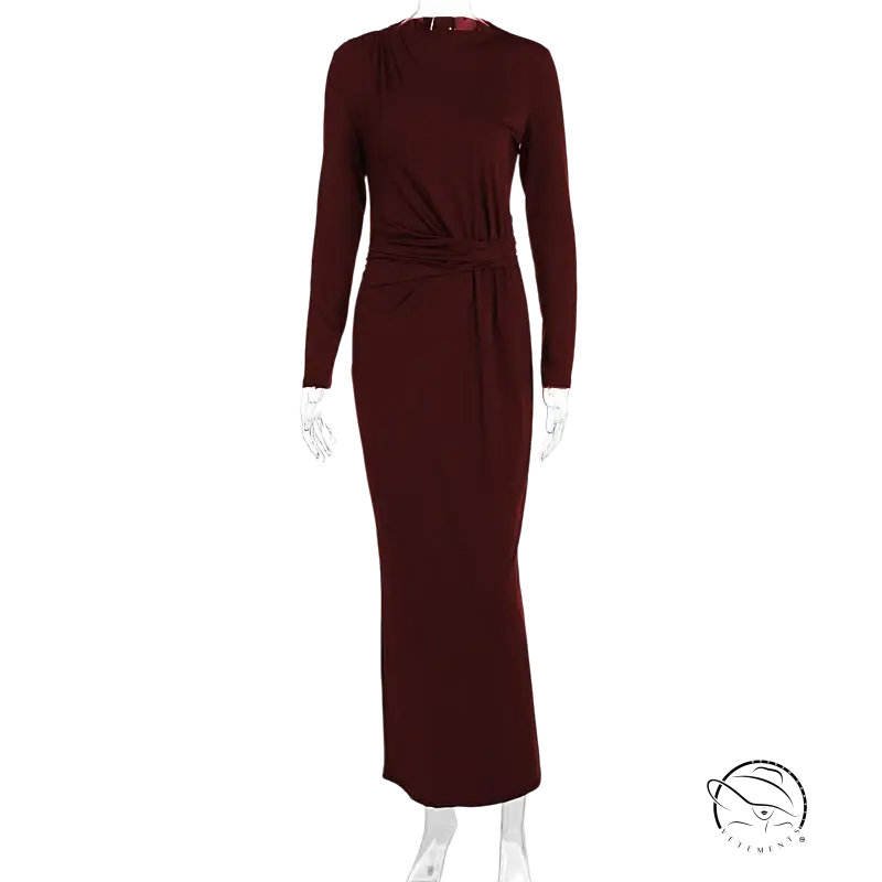 Sleek burgundy maxi dress with fitted silhouette and self-tie waistband