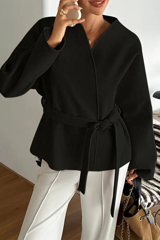 Black kimono-style fashion blazer with long sleeves and tie waist