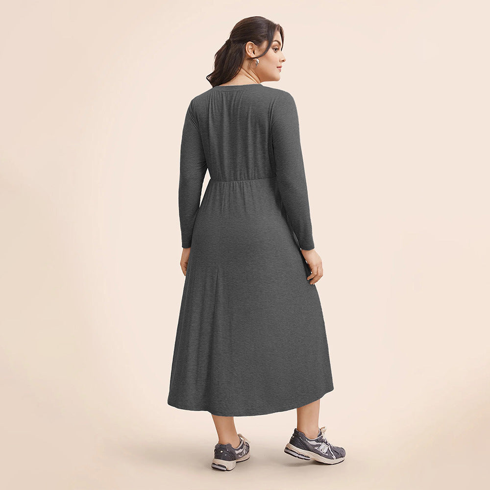 Winter loose long gray midi dress with elastic waist paired with athletic sneakers for fashion