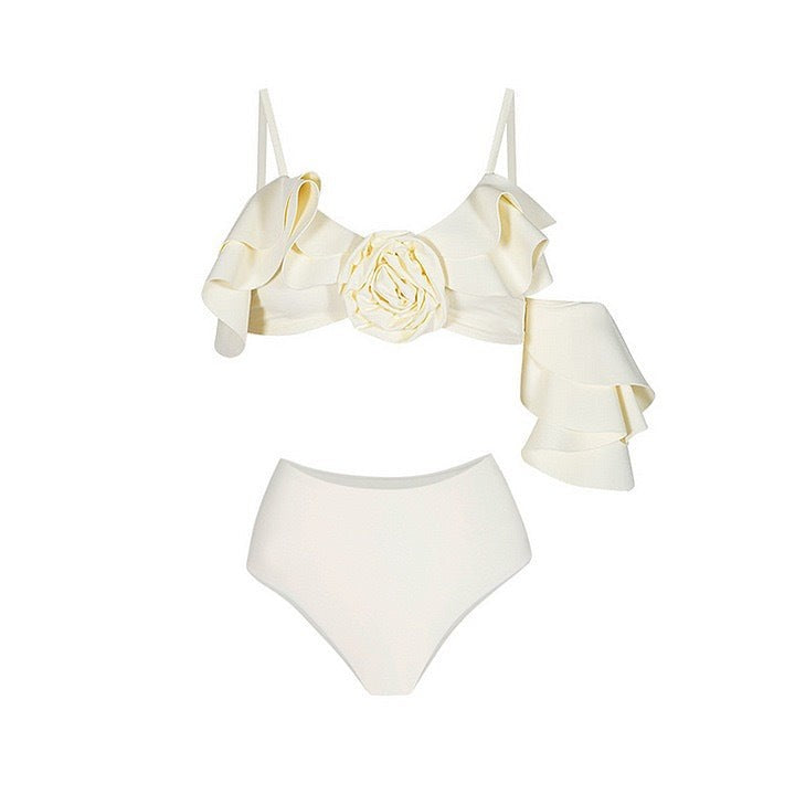 Ivory ruffled two-piece swimsuit showcasing the elegance of a retro swimsuit design