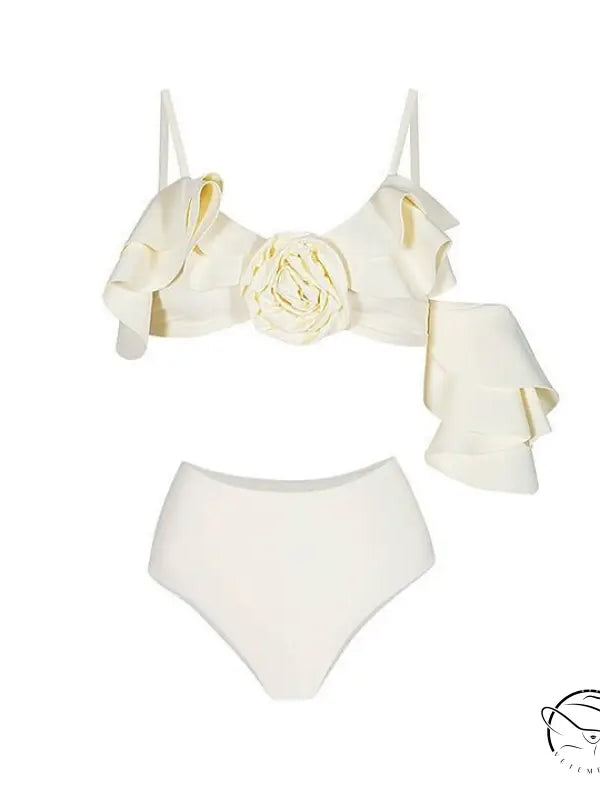 Elegant retro swimsuit in ivory ruffled two-piece white design