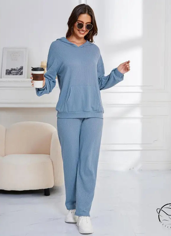 Blue ribbed knit hooded casual suit lounge set for women