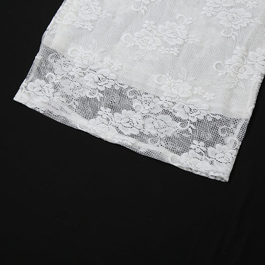 White floral lace fabric close-up for LACE UP MESH HALTER DRESS, a stylish halter dress