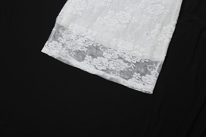 White floral lace fabric close-up for LACE UP MESH HALTER DRESS, a stylish halter dress