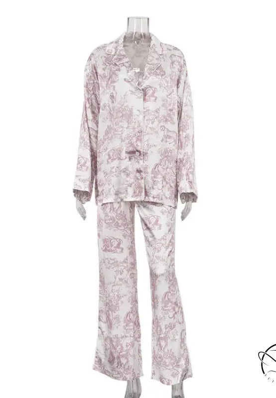 Pink paisley langry fashion pajama set with button-down top and trousers