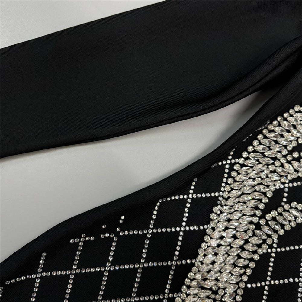 Elegant Dinner Party Dress in black fabric with diamond rhinestone pattern for trendy fashion