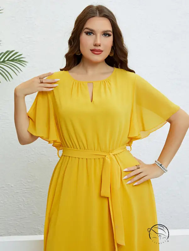 Elegant lace up mustard yellow dress with flutter sleeves, free shipping