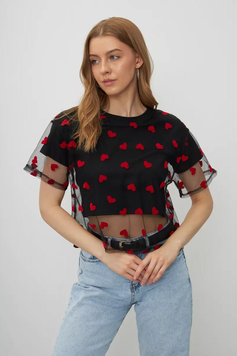 Black mesh crop top with red heart pattern and sheer sleeves for elegant fashion ملابس