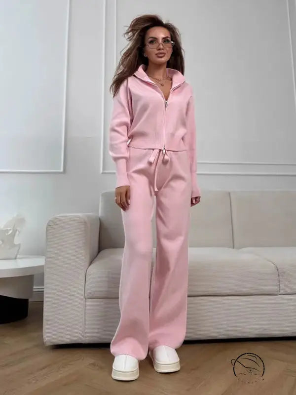 Pink langry fashion ملابس slim fit zip-up hoodie sweatpants set