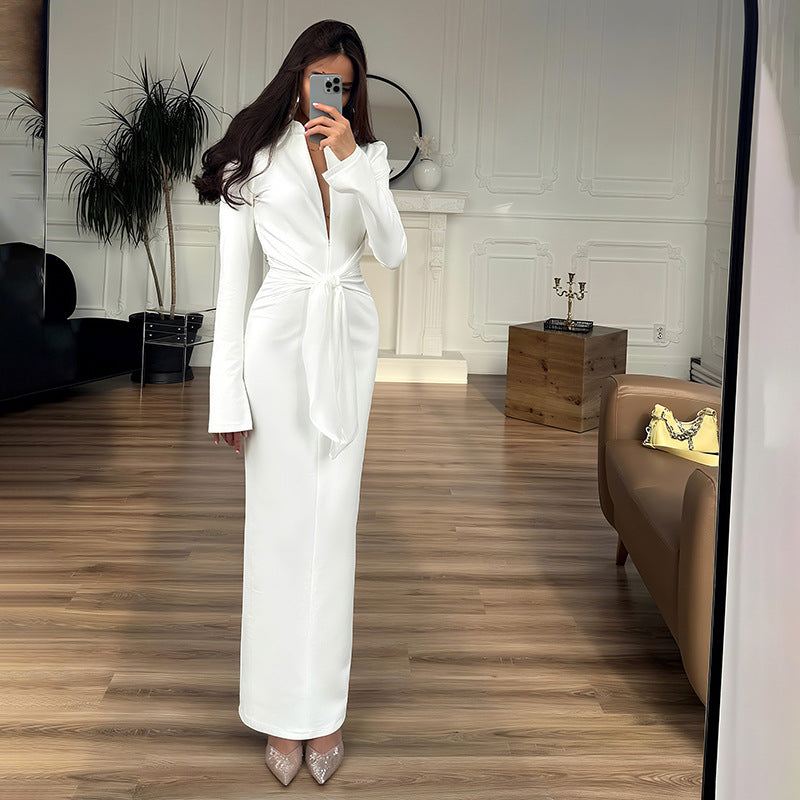 Gorgeous waist tight slim fit white satin long-sleeved maxi dress