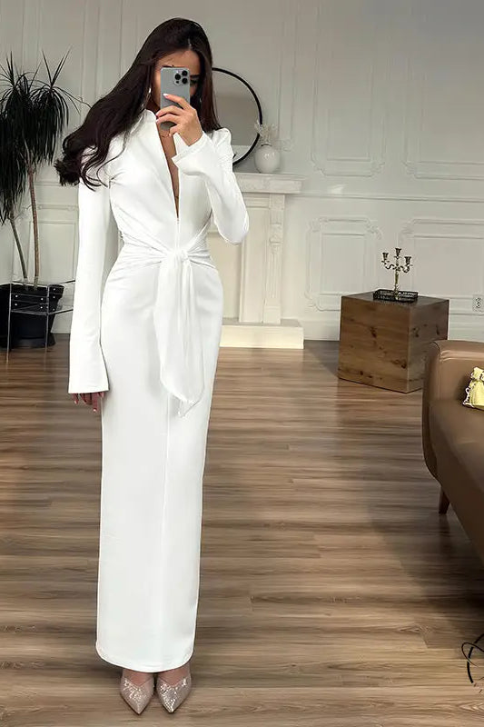 Gorgeous waist tight slim fit white satin long-sleeved maxi dress