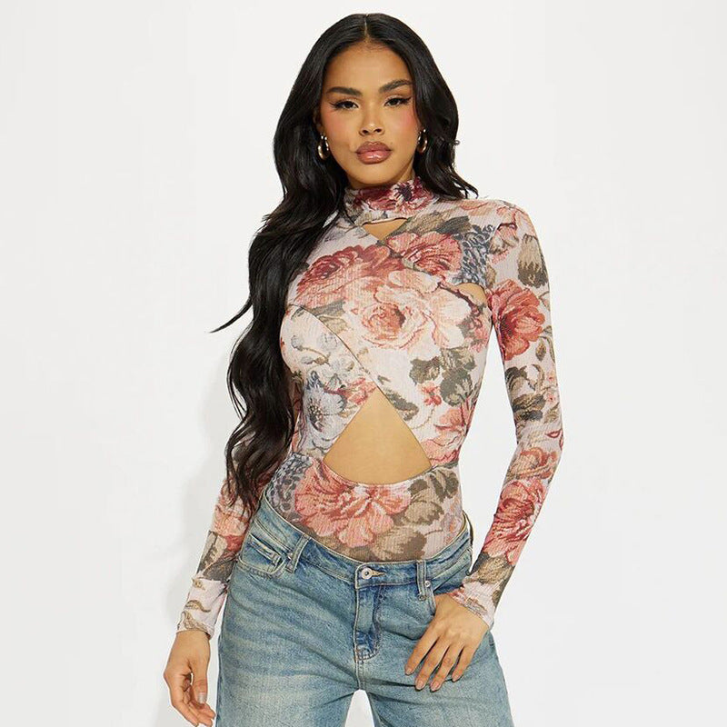 Floral-patterned long-sleeved bodysuit from Floral Tight Hollow Out Cutout Corset collection
