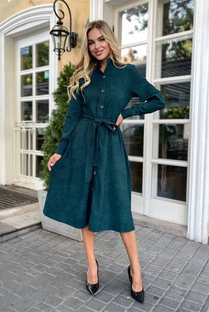 Elegant green belted dress showcasing the elegant daily dress for sophisticated style