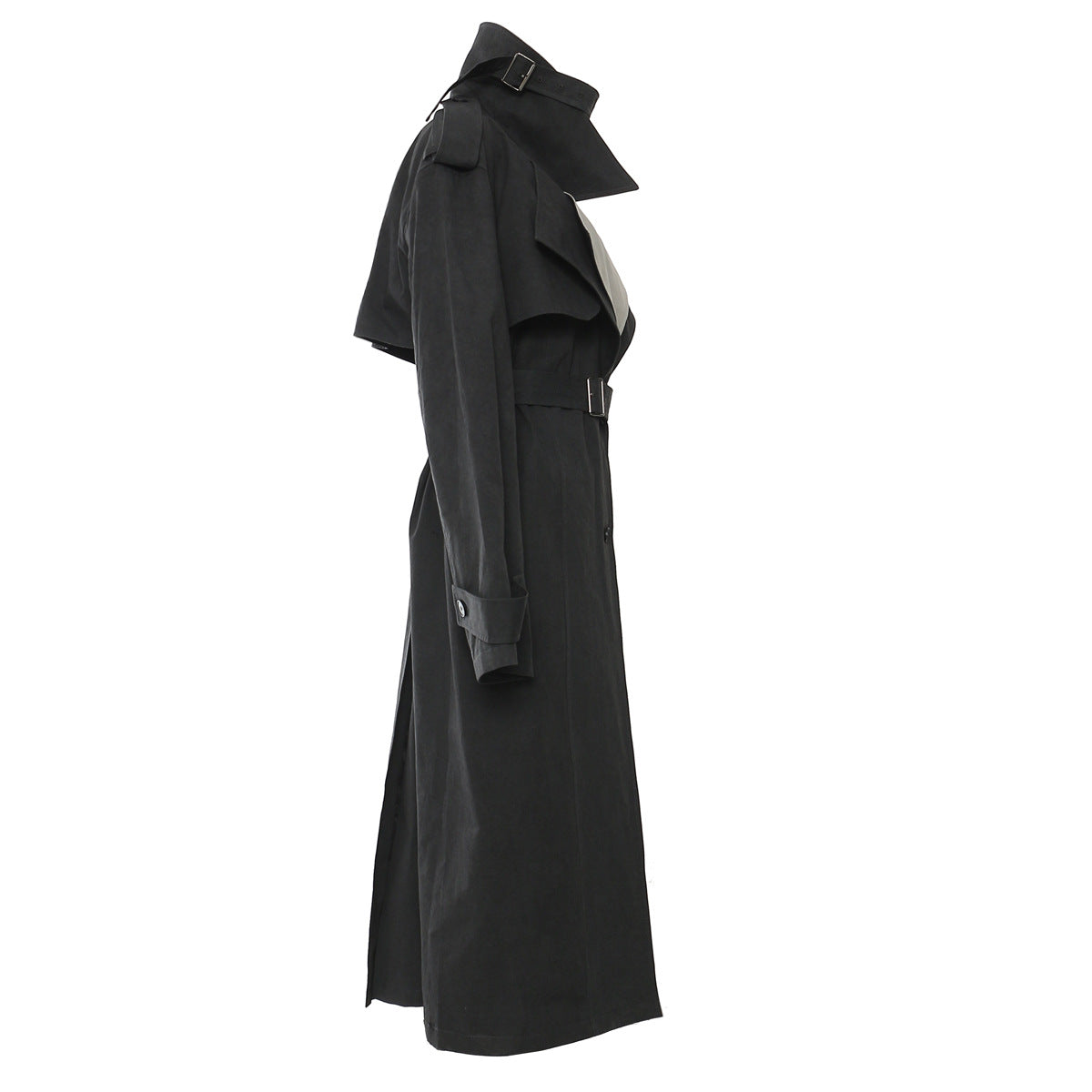 Langry casual trench coat in black with high collar and belt detail