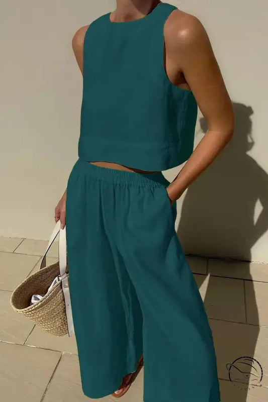 Teal casual loose sleeveless shirt two piece set