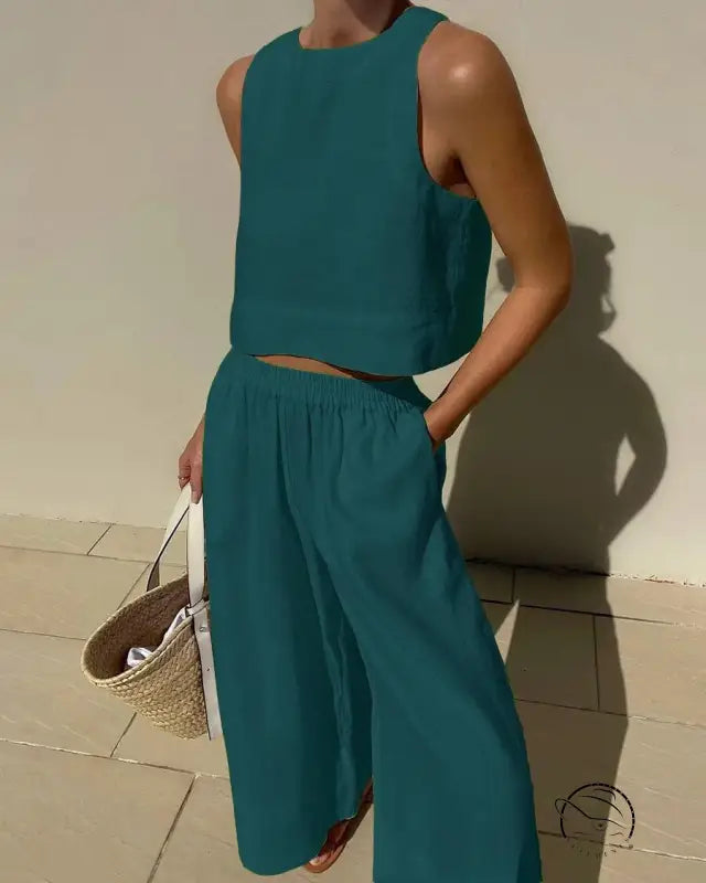 Teal casual loose sleeveless shirt two piece set